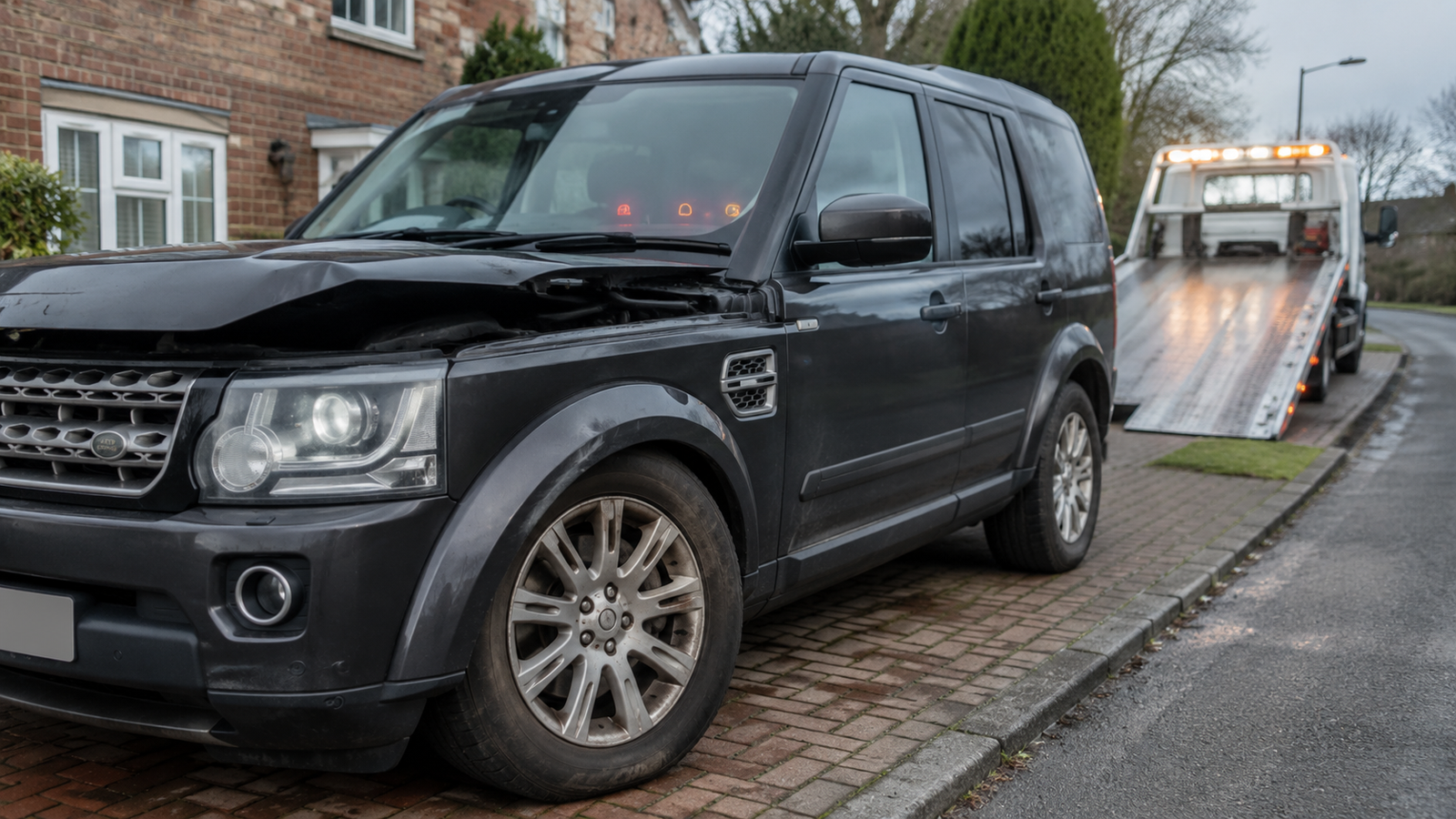 Broken Land Rover Discovery parked on a UK driveway with the bonnet open and dashboard warning lights visible as a recovery truck arrives for vehicle collection.