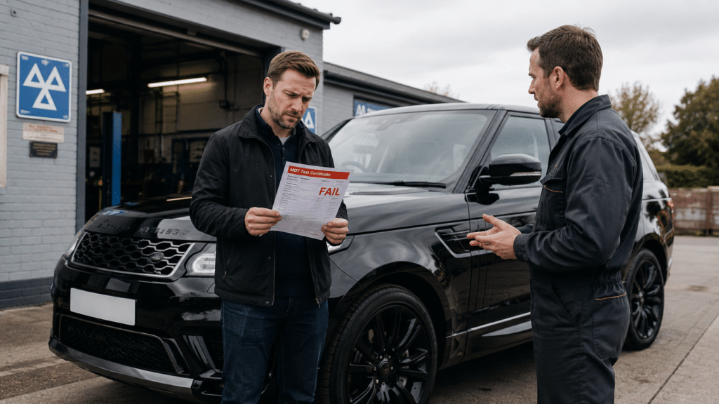 Range Rover owner discussing MOT failure and repair options outside UK garage