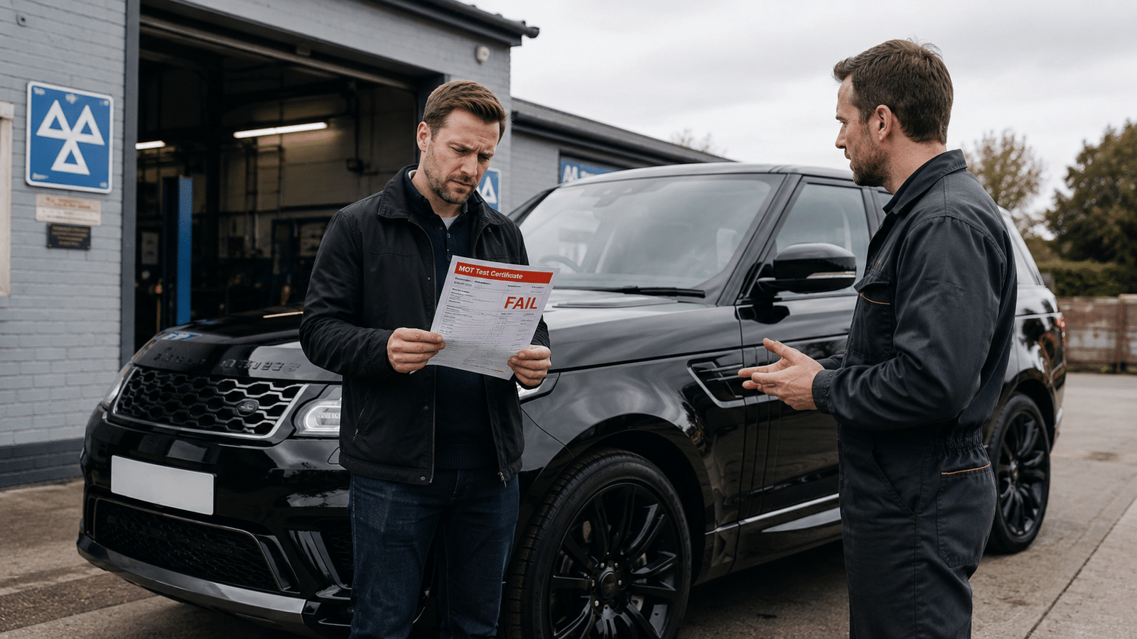 Range Rover owner discussing MOT failure and repair options outside UK garage