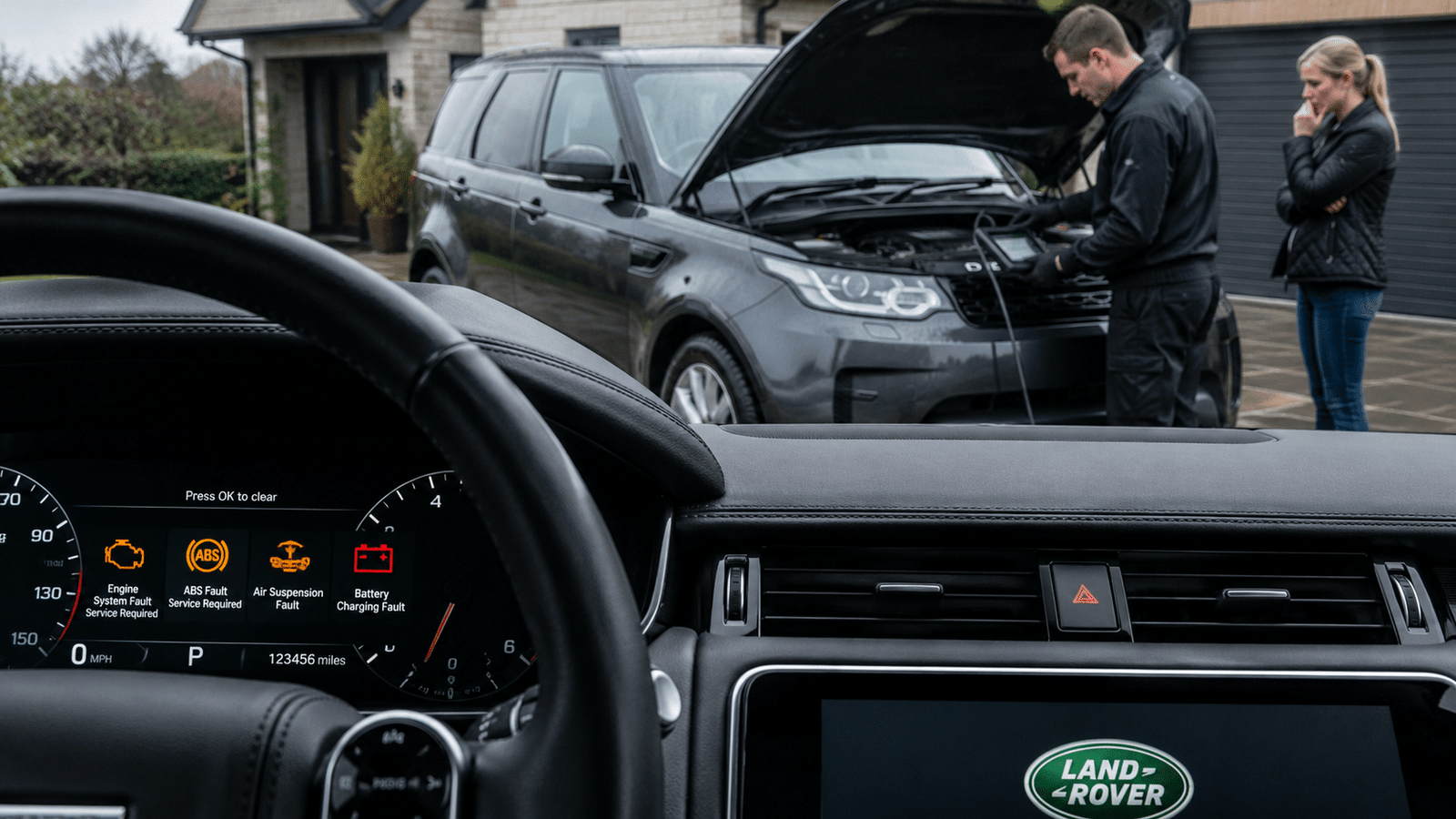 Land Rover dashboard displaying engine, ABS, air suspension and battery warning lights while a technician carries out diagnostics on a Land Rover with the bonnet open.