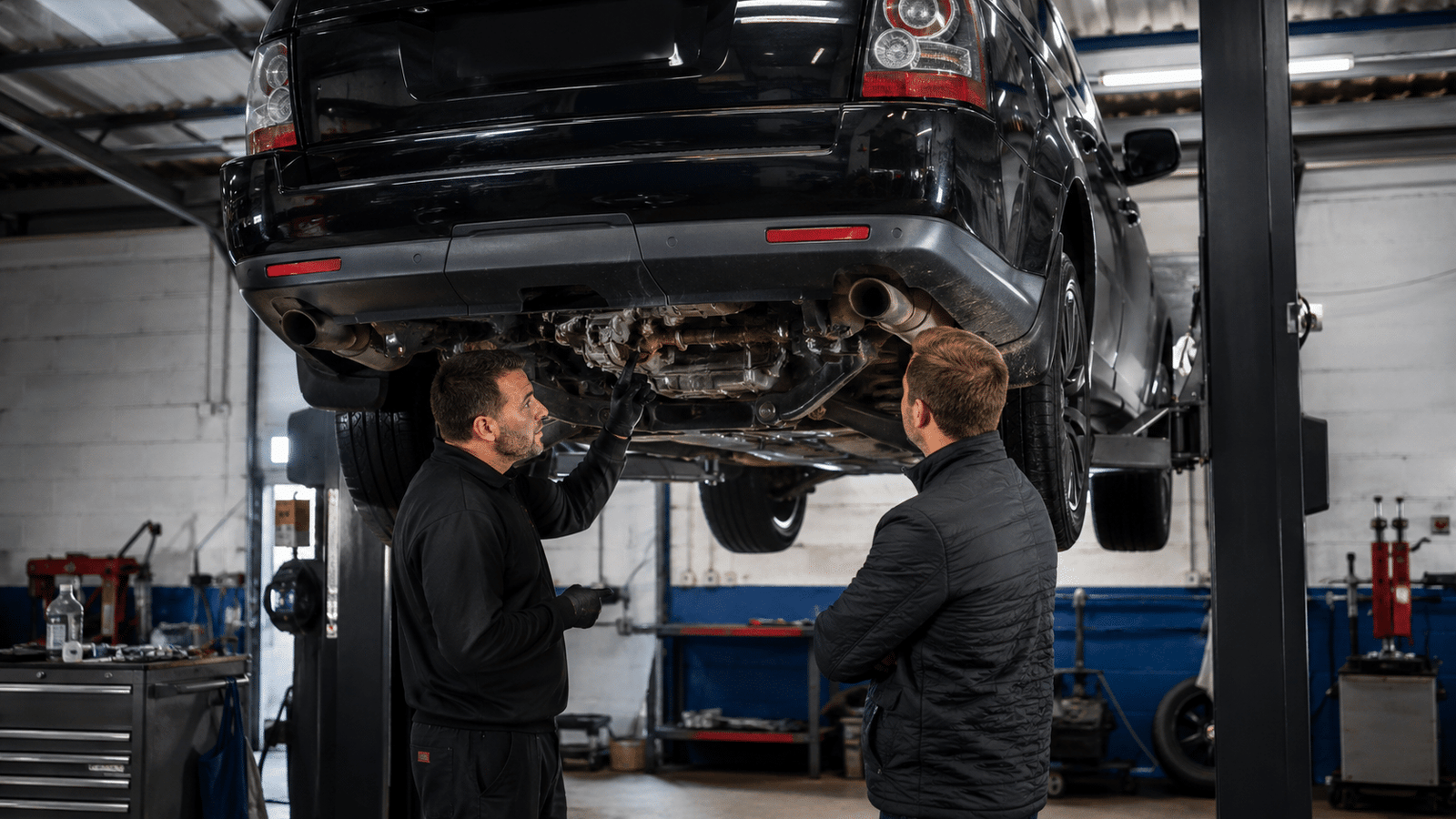 Range Rover Sport on vehicle lift while mechanic inspects gearbox and discusses repair options with owner